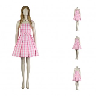Barbie 2023 Movie Halloween Costume Margot Robbie Pink Plaid Long Dress Cosplay Suit