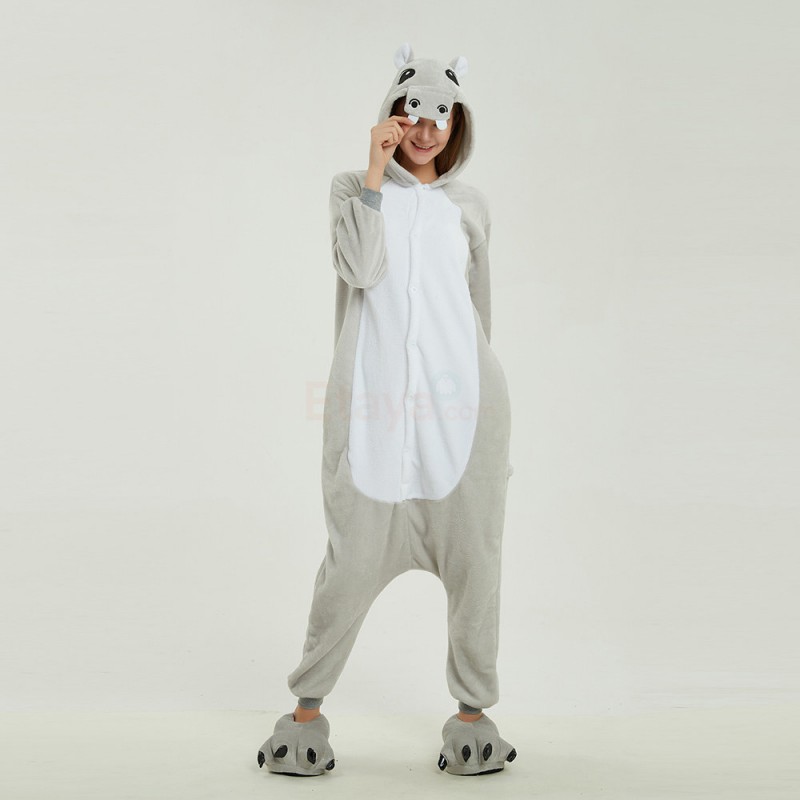 Grey Hippo Kigurumi Animal Onesie Pajama Costumes for Adult