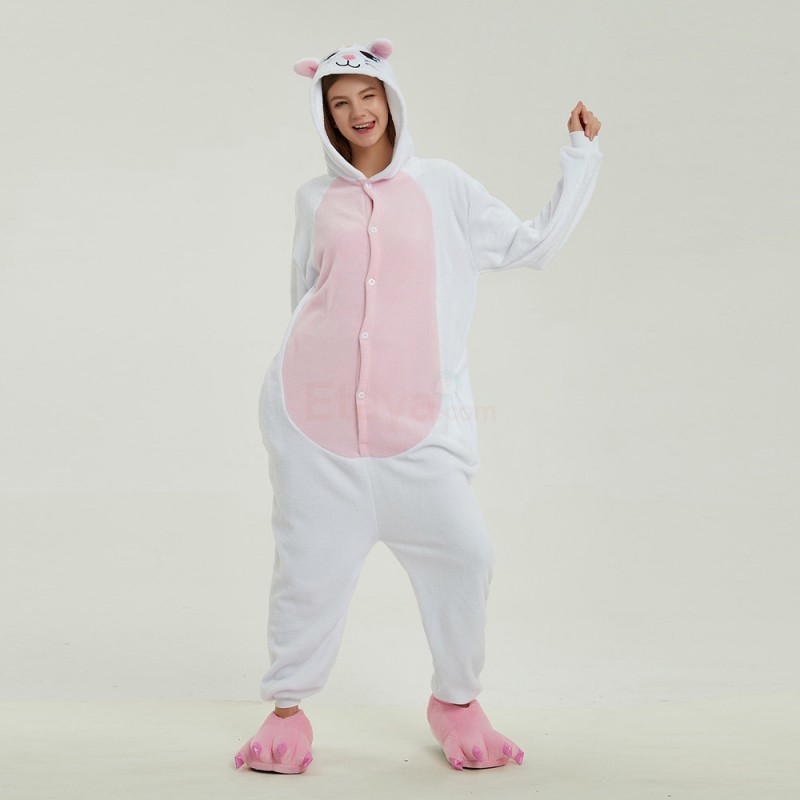 viool heroïne residentie White Cat Kigurumi Animal Onesie Pajama Costumes for Adult