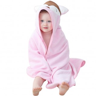 Kids Coral Fleece Bath Towels Fox Hooded Cloak Pink Bath Towel
