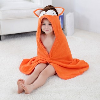 Kids Coral Fleece Bath Towels Fox Hooded Cloak Orange Bath Towel