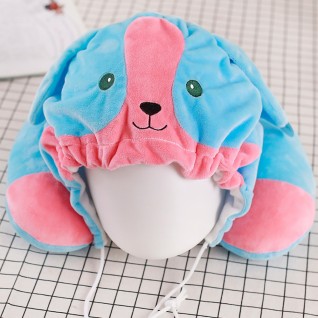 U-shaped Pillow with Cap Blue with Pink Dog Neck Pillow