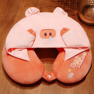 Pink Pig U-shaped Pillow with Cap Neck Pillow