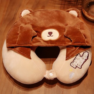 Brown Bear U-shaped Pillow with Cap Neck Pillow