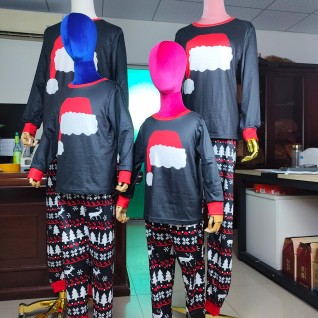 Christmas Family Pajamas 2-piece Suit Christmas Hat Printed Black Pajamas