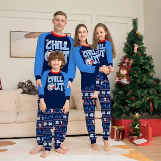 Christmas Family Pajamas Two-piece Suit Christmas Snowman Blue Printed Pajamas