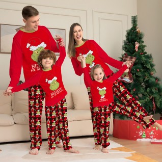 Christmas Family Pajamas 2-piece Suit Grinch Printed Red Pajamas