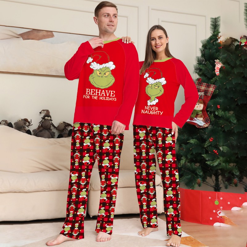 Christmas Family Pajamas 2 piece Suit Grinch Printed Red Pajamas