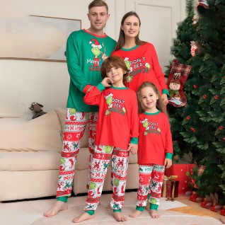 Grinch Red with Green Printed Pajamas Christmas Family Pajamas Two-piece Suits