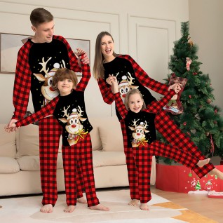 Christmas Red with Black Plaid Printed Pajamas Christmas Family Pajamas Two-piece Suits