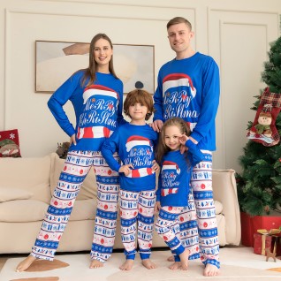 Christmas Printed Blue Pajamas Christmas Family Pajamas Two-piece Suits