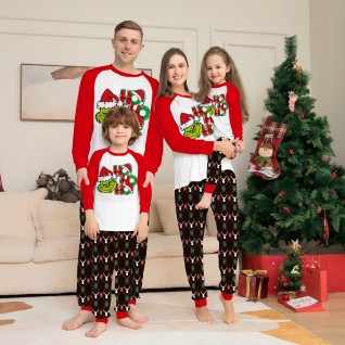Grinch Pattern Printed Red with White Pajamas Christmas Family Pajamas Two-piece Suits