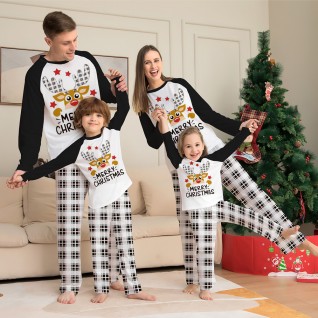 Christmas Family Pajamas 2-piece Suit Christmas Elk Plaid Printed Black with White Pajamas