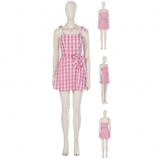 Margot Robbie Pink Plaid Dress Movie 2023 Barbie Cosplay Costume
